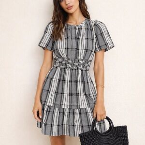 Anthropologie Short Sleeve Somerset Mini Dress Plaid Smocked Waist Size Small